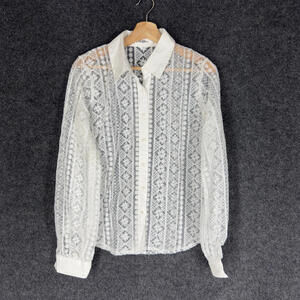 RoomMates Shirt Women L Large White Geometric Button Up Embroidered Sheer